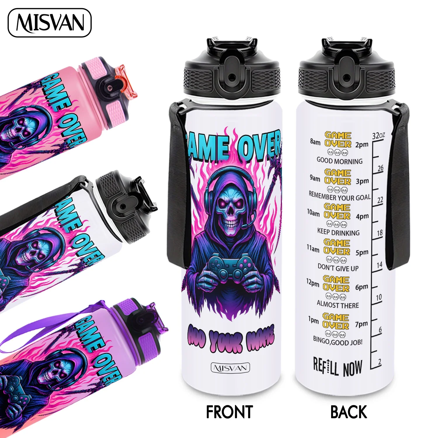 

1pc,customization Name 32oz Water Bottle,Skeleton Game Controller Flame Print,Encourage Daily Hydration,for Gym Outdoor Cycling