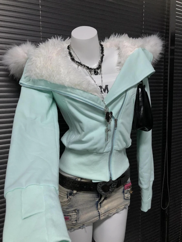 الجمالية خمر معطف مقنع ضئيلة النساء الشتاء Y2k ريترو 2000s سستة الفراء طوق هوديس الكورية الشارع الشهير الملابس 2025 جديد