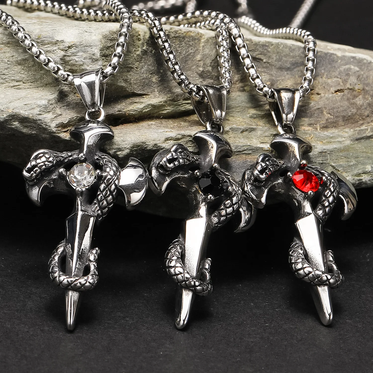 

Korean Street Punk Cross Gem Snake Wrapped Sword Stainless Steel Men's Pendant Necklace