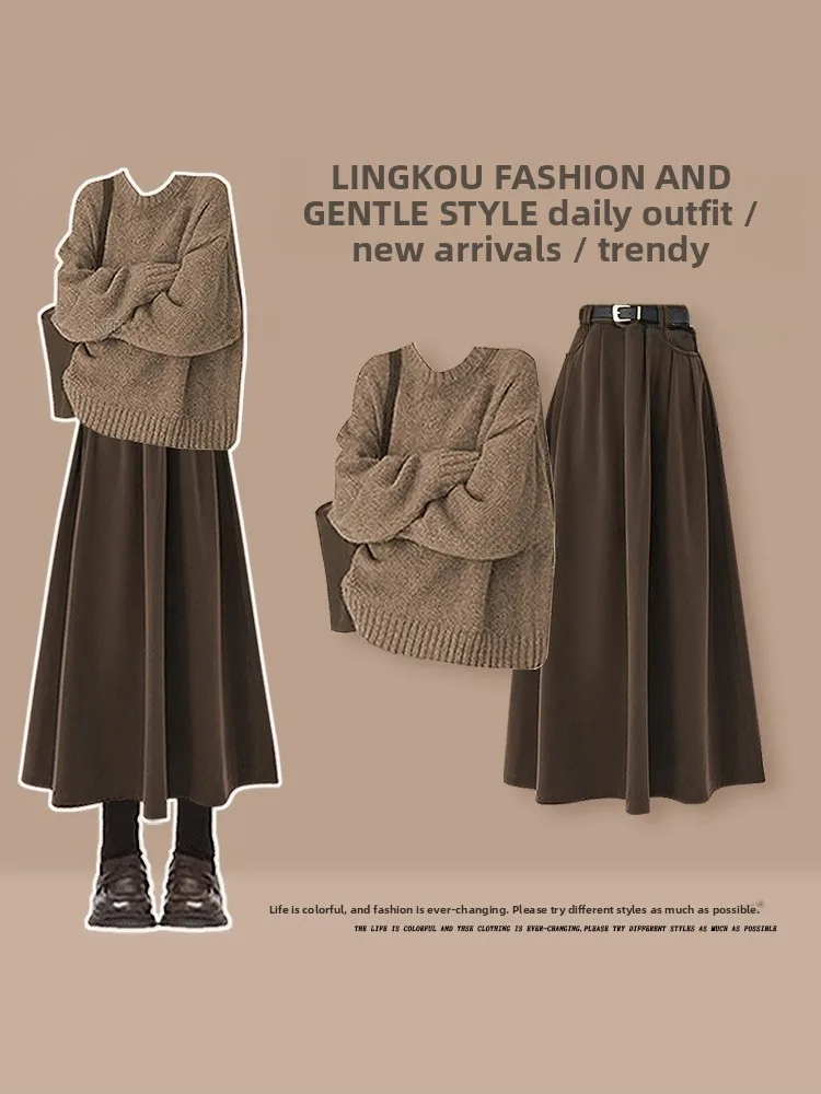 

Large Size Autumnal Vintage Knitted Sweater And Skirt Set round Ne Casual Sle Two-Piece Women's Faion Ensemble