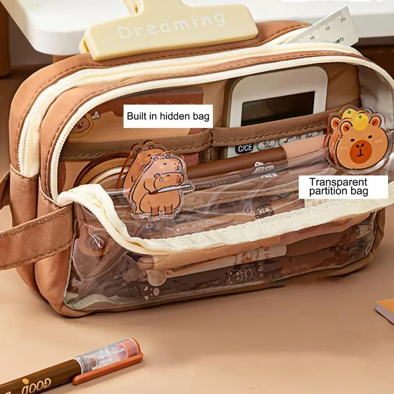 Capybara-Sac à crayons de grande capacité pour enfants, sac de support de papeterie de dessin animé avec broches, clips d'autocollants, porte-clés, étui à stylo