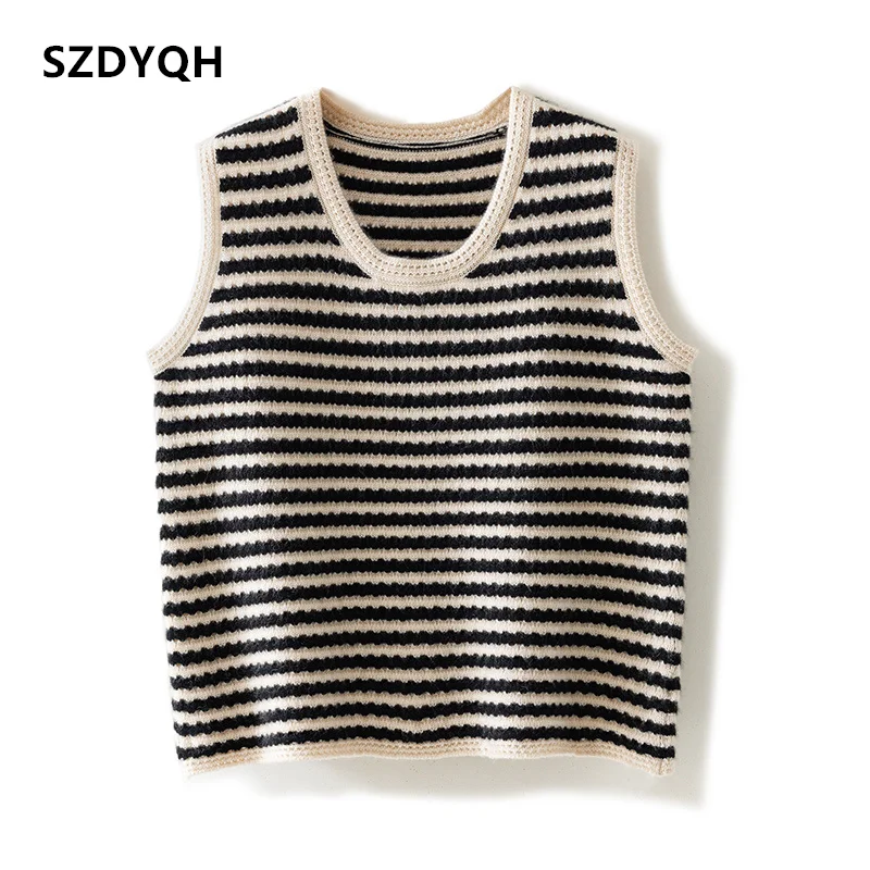 

New Women 100% Cashmere Loose Large Size Vest Crop Fashion Tops O-Neck Tank Thicken Warm Striped Ladies Knit Camisole Coat