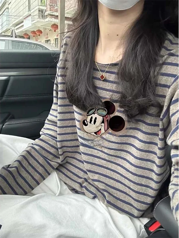 

Loose Fit round Ne Long Sve T-irt Women's ay Striped Korean Sle Lazy Faion Inner Wear Outer Wear Base irt Top