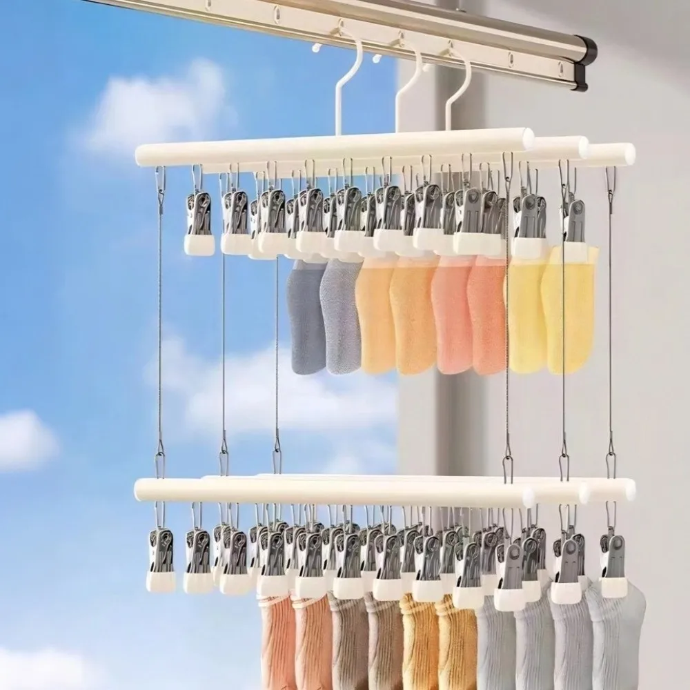 

Double-layer Clothes Drying Rack Non-marking Space Saving Drying Clips with Hooks Rust Proof Hats Hanger