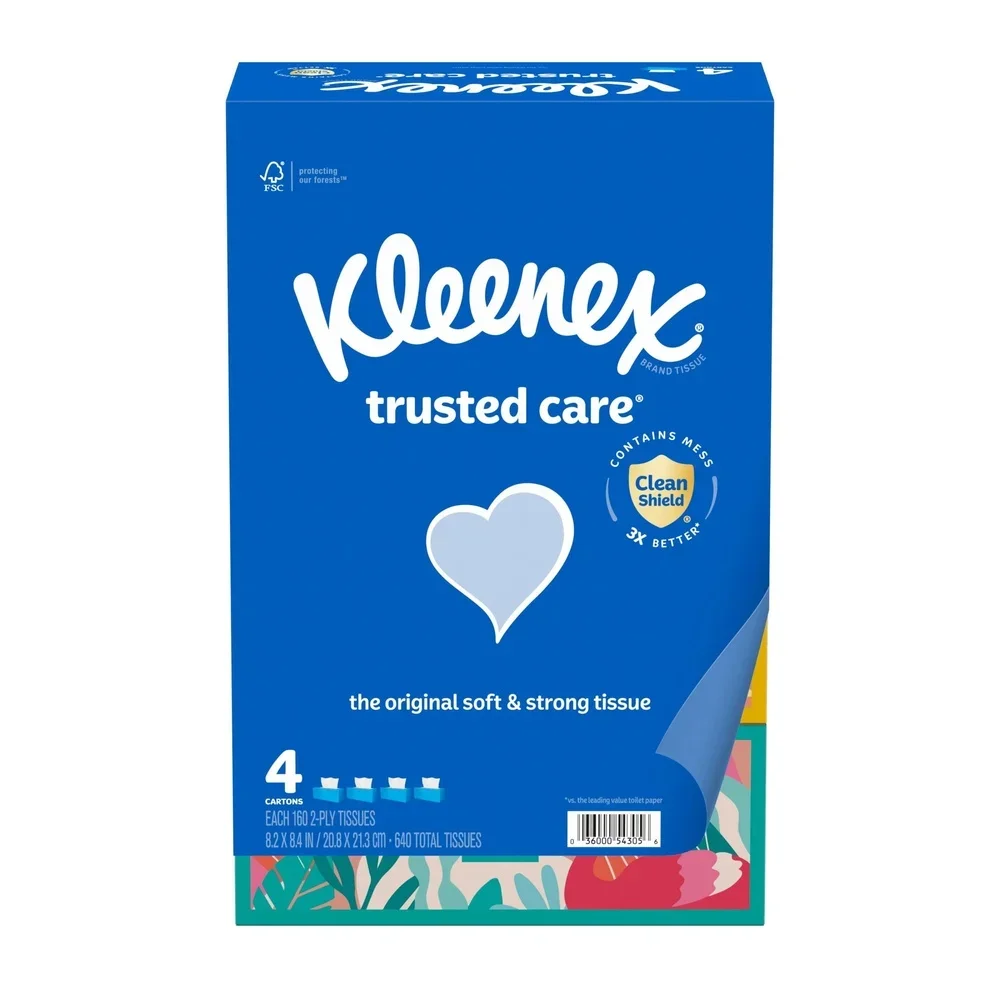 Trusted Care 2-Ply Facial Tissues 4 Flat Boxes 160 Sheets per Box Unscented Clean Shield Technology Strong Absorbent Non-Lotion