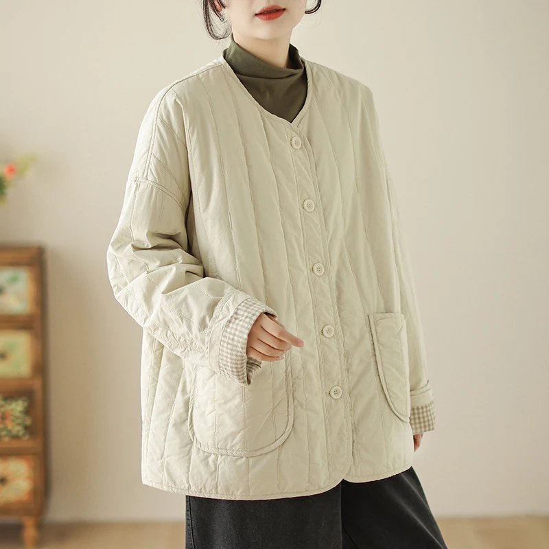 

High-End Anti-Aging Large Size Casual Loose round Neck Color Thickened Cotton Jacket Simple Pure Cotton Women's Winter ...
