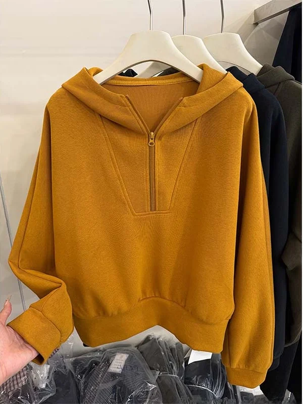 Fall 2025 Women's Casual Faionable Hooded Semi-Zip Long Sve T-irt Base Layer Versatile Sweatirt Top Korean Sle