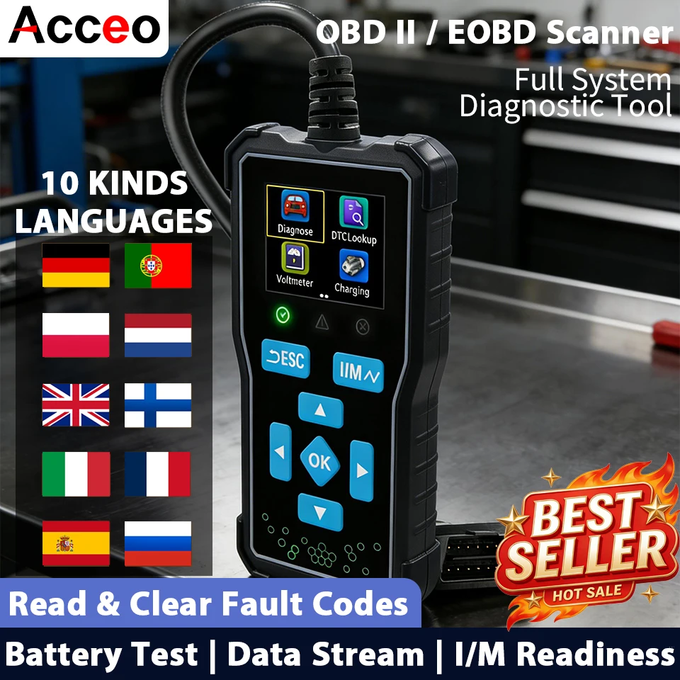 OBD2 Scanner Code Reader Car Diagnostic Tool with Battery Tester Read Clear Fault Codes I/M Readiness for All OBD II Vehicles