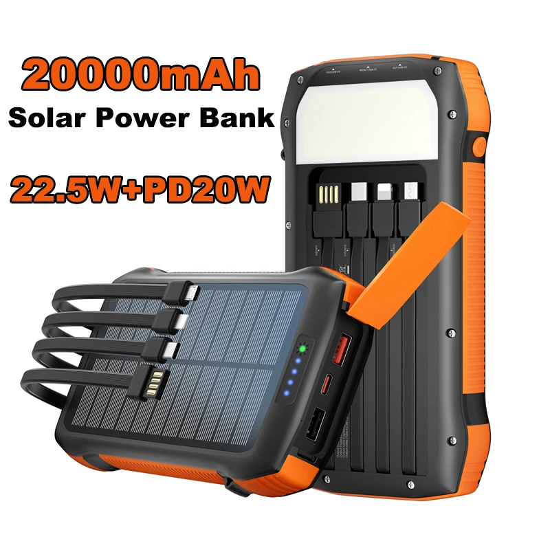 

20000mAh Solar Power Bank 22.5W Fast Charging External Battery Powerbank with Cables LED Camping Light For Xiaomi iPhone Samsung