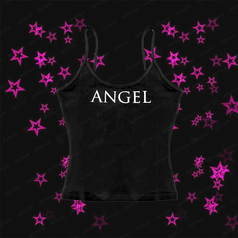 Harajuku Goth Women Japanese Anime Tshirt Cartoon Angel Wings Graphic Crop Top Hipster Clothes Sexy Tank Y2K Tops suspenders Tee