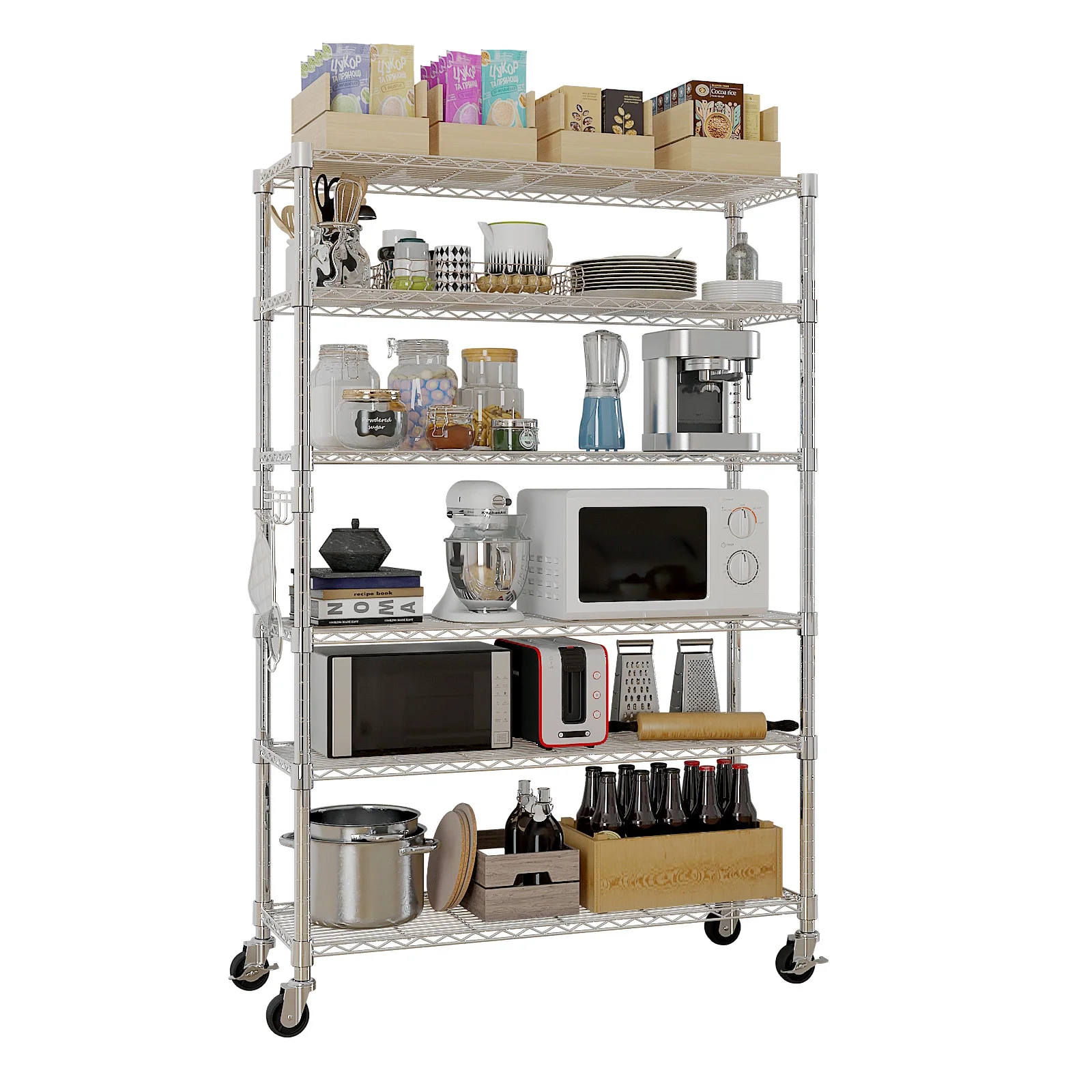 

6-Tier Removable Mesh Rack disassembly and free assembly Kitchen Storage Steel Wire Shelving with Wheels