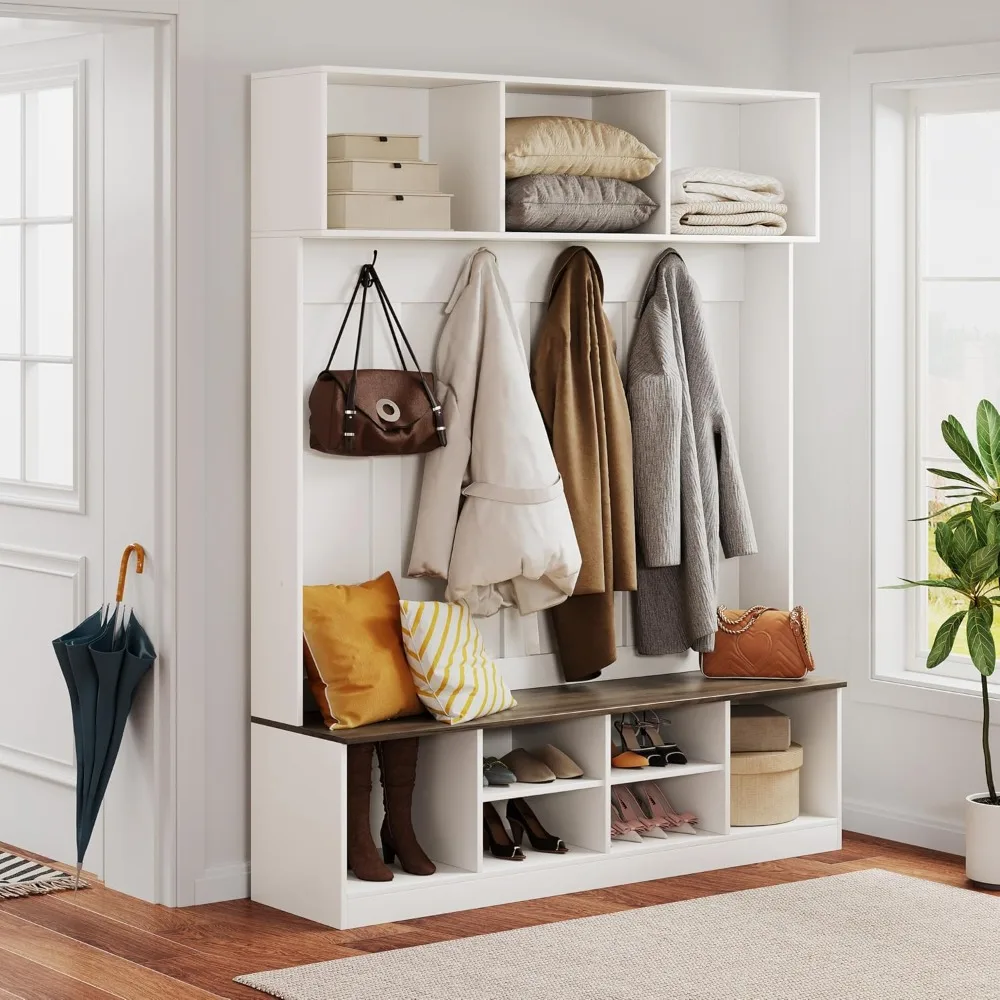 شجرة قاعة خشبية طويلة 75 طويلة على طراز المزرعة مع مقعد ورف معطف ورفوف تخزين للمدخل #5