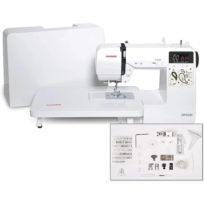 Janome JW8100 Fully-Featured Computerized Sewing Machine with 100 Stitches, 7 Buttonholes, Hard Cover, Extension Table and 22