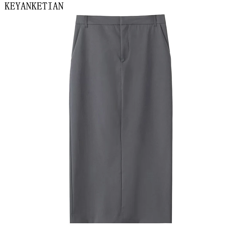 

KEYANKETIAN 2024 AutumnNew Women's Zipper High waist Grey Long Skirt Office Lady Stylish Back Slit Slim Ankle-Length MIDI Skirt