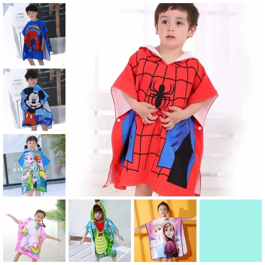 Baby Boy Girl Bath Towels Cartoon Mickey Spiderman Frozen Elsa Cars Children Hooded Sand Cloak Dry Absorbent Microfiber Bathrobe