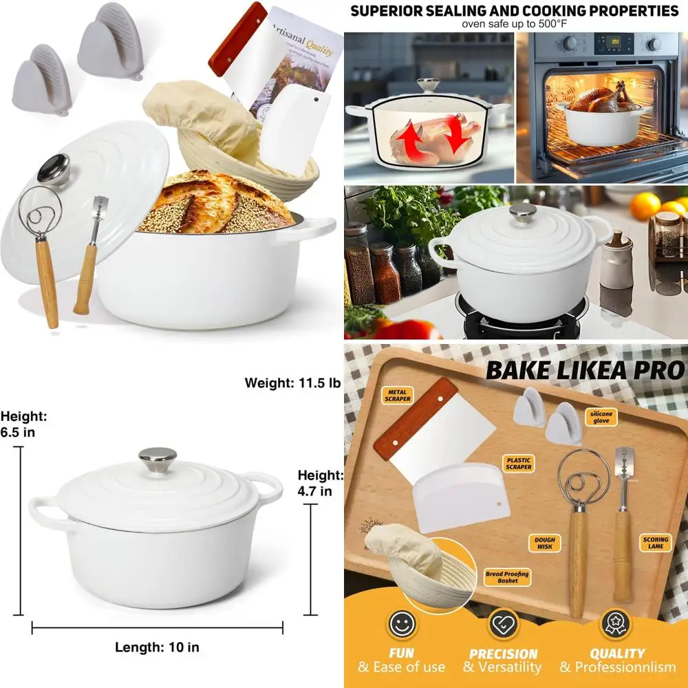 

Enameled Cast Iron Bread Oven with Proofing Basket - Heavy-Duty Cookware for Baking and Making Bread, Perfect for Homemade Baked