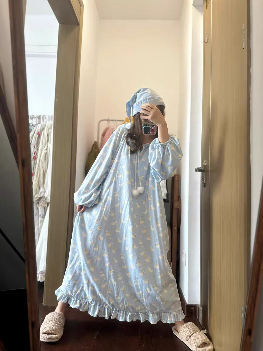 Baju Tidur Wanita Lengan Panjang Wanita Leher Bulat 2XL Set Piyama Ukuran Plus Setelan Pakaian Rumah Manis Motif Kartun Musim Semi Wanita