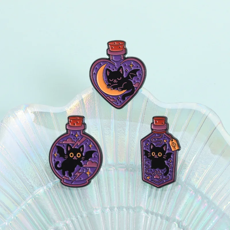1 قطعة/3 قطعة الأرجواني ماجيك زجاجة المينا دبابيس لحقيبة الظهر الشيطان الأسود القط دبابيس شارات معدنية هدايا للنساء الرجال الأصدقاء #3