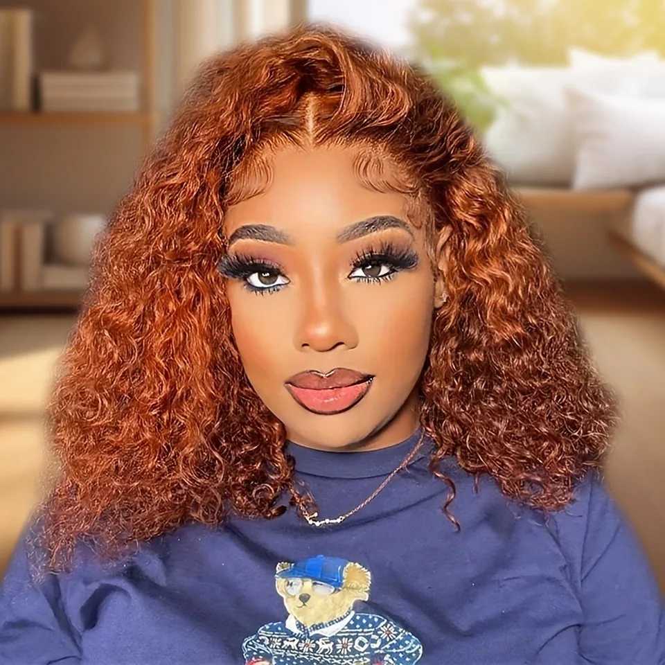 

Highlight 4/350 Brown Ginger Orange Bob Wig 13x4 Lace Frontal Short Wig Water Wave Remy Bob Wig Transparent Frontal Hair Wigs