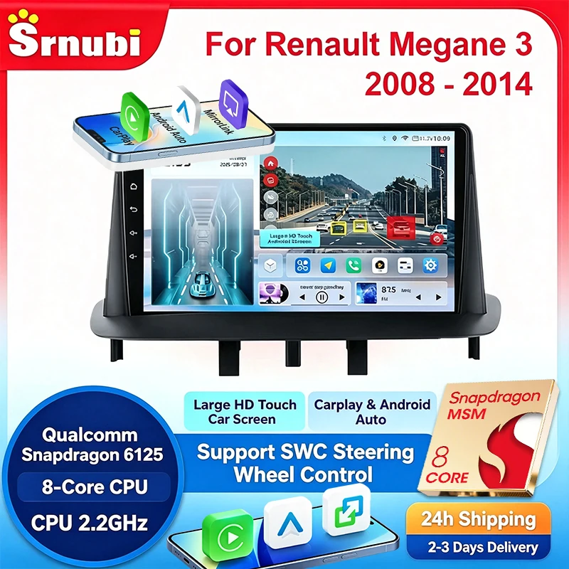 „Srnubi 2Din Autoradio für Renault Megane 3 2008-2014 Multimedia-Player mit kabellosem CarPlay, Android Auto und Navigationssystem“