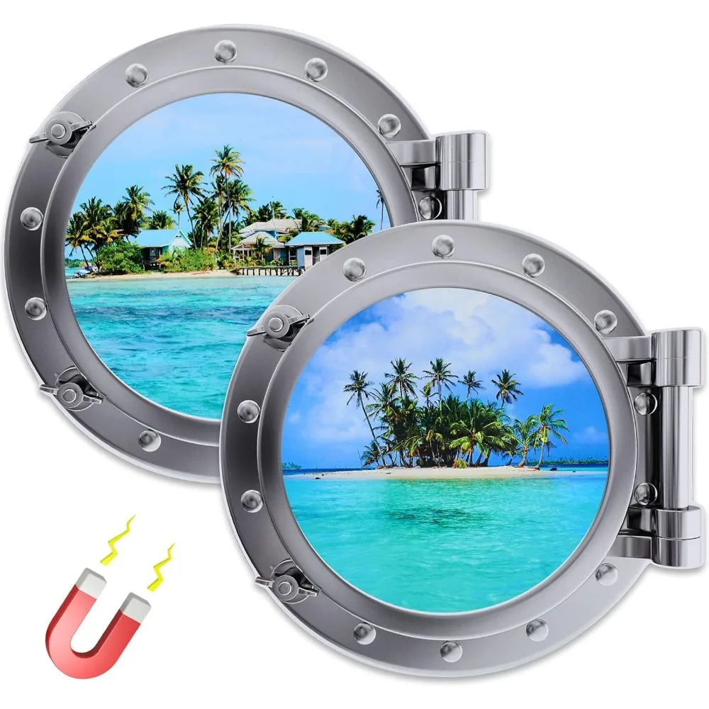 2pcs Magnetic Cruise Door & Fridge Magnets - Realistic Nautical Porthole Window Decals with Tree, Dolphin, Marine Scenery - PVC