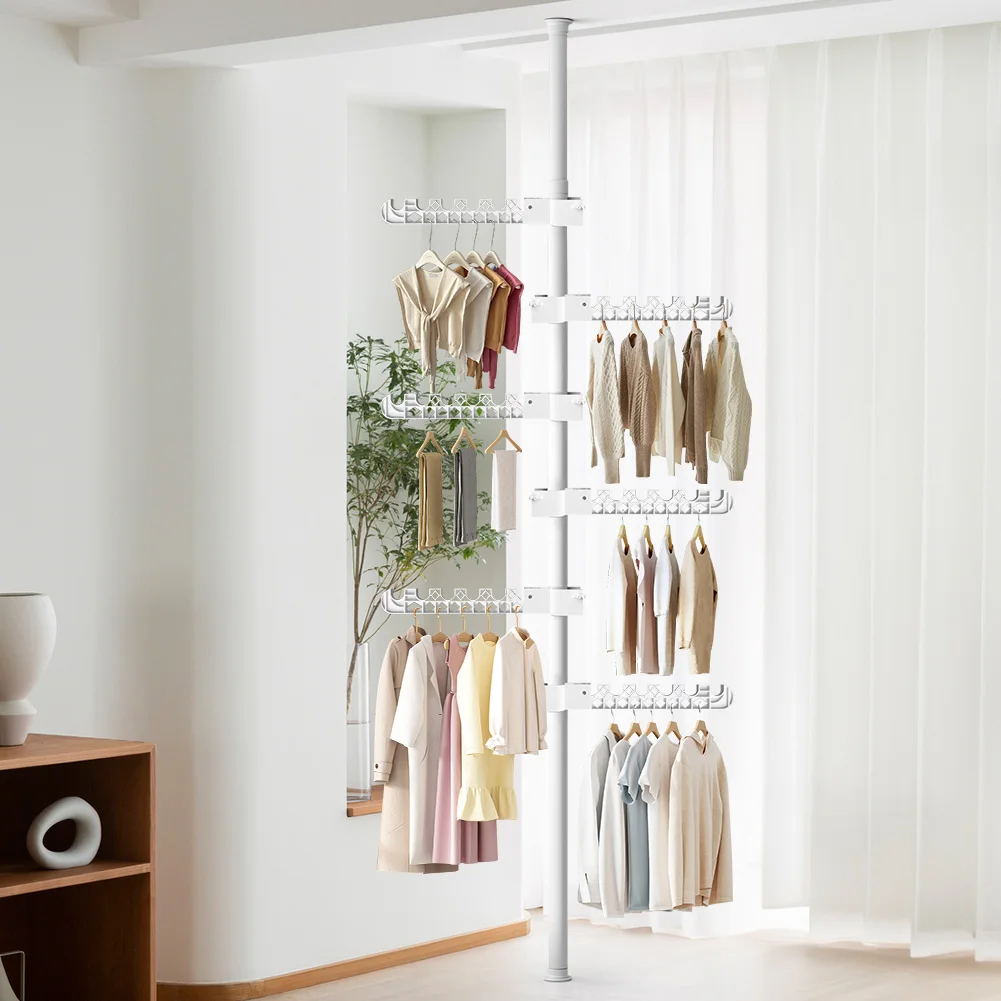 Picture 4: Pole Coat Rack 6 Tiers Telescopic Laundry Tension Adjustable Pole Corner Clothes Hanging Drying Rack for Hanging Suits Clothing