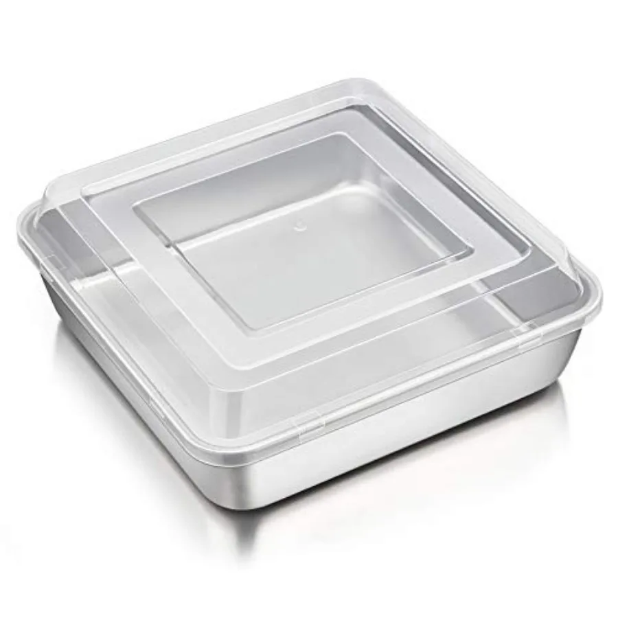 

Square Bakg Cake Pan with Lid, Staless Steel Lasagna Brownie Pan and Plastic Cover for Picnic Weddg Birthday, Healthy and Sturd