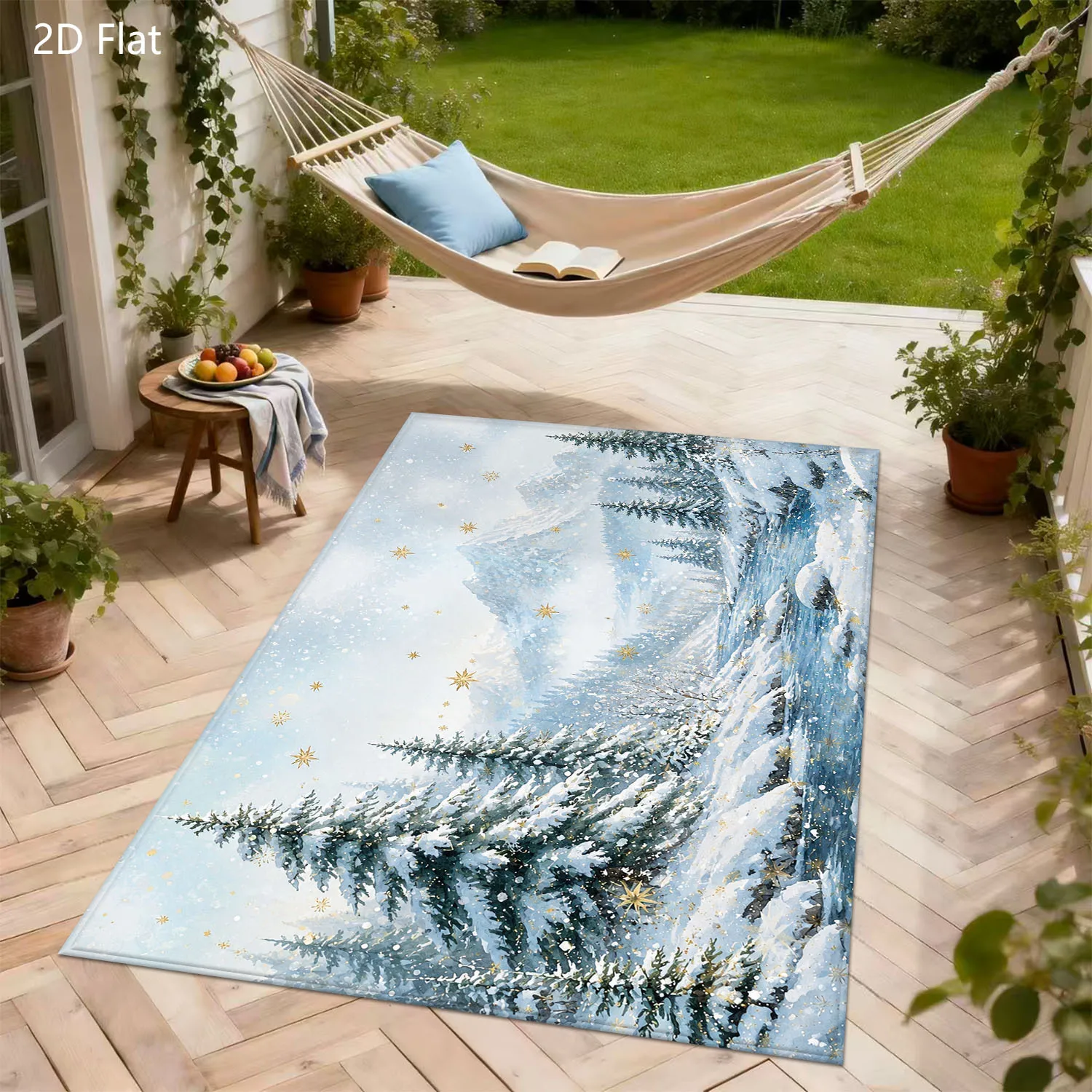 1pc 2D Flat Winter Snowy Forest Mountain Scenery Printed Floor Mat, Decorative Rug for Living Room, Bedroom, Home