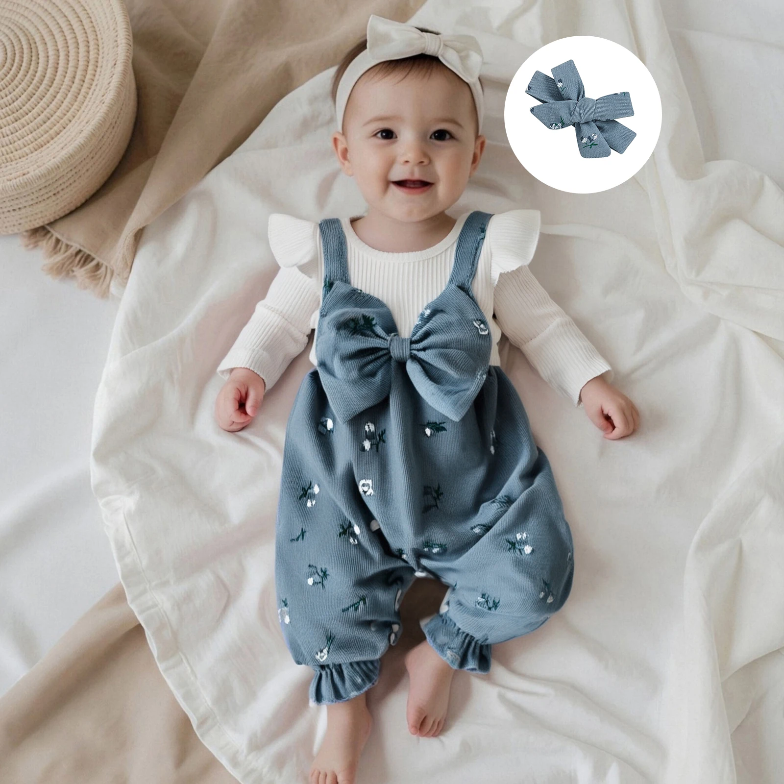 Sweety Baby Girls Long Sleeve Romper Floral Print Fake Two Pieces Patchwork Bow Jumpsuits Headband Set