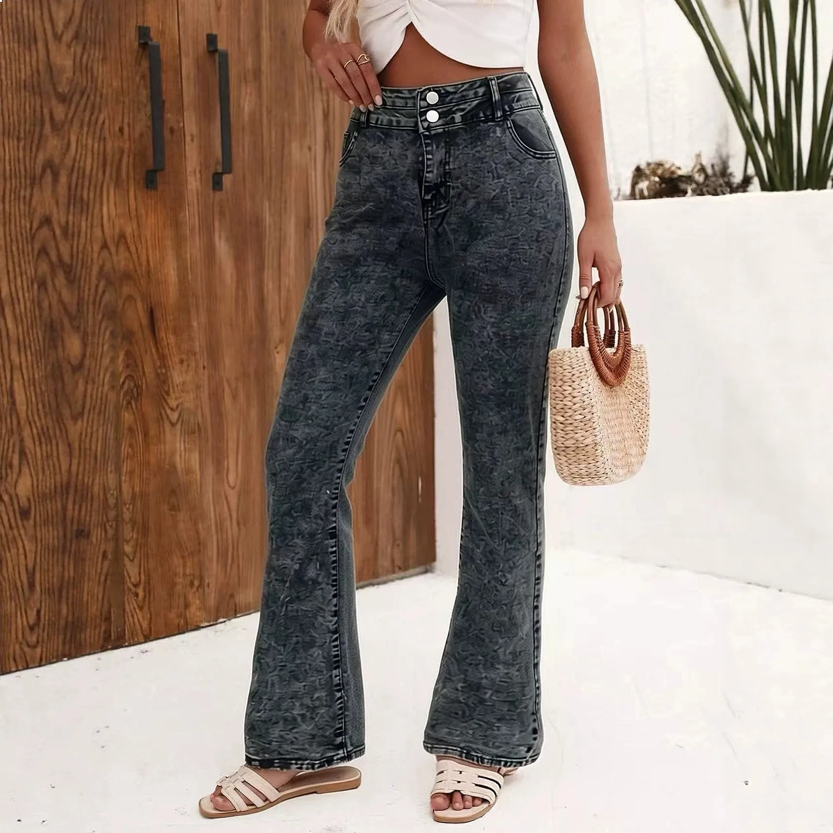[No return or exchange] European and American cross-border fashion slim high-waisted retro women's denim micro-pull pants
