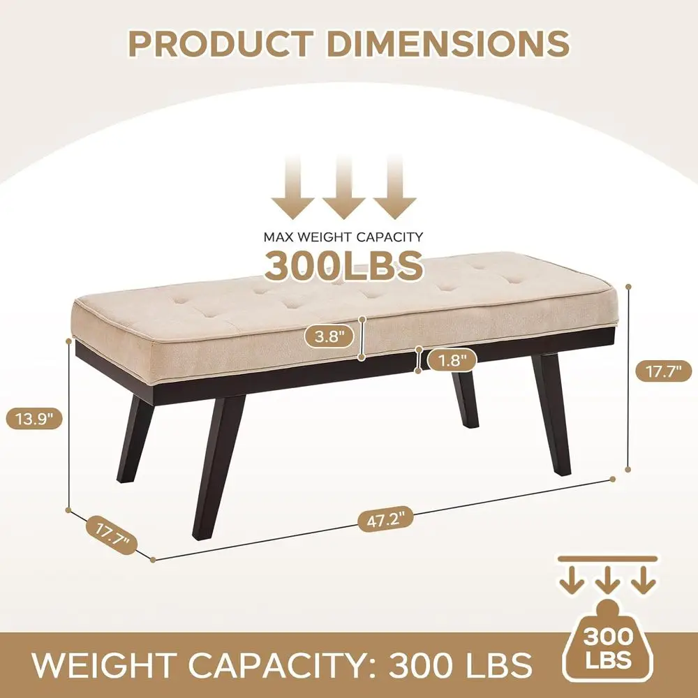 Beige Chenille Tufted Upholstered Ottoman Bench, 47.2 Long Entryway Indoor, Living Room, Dining Room Bench with Rubberwood Legs