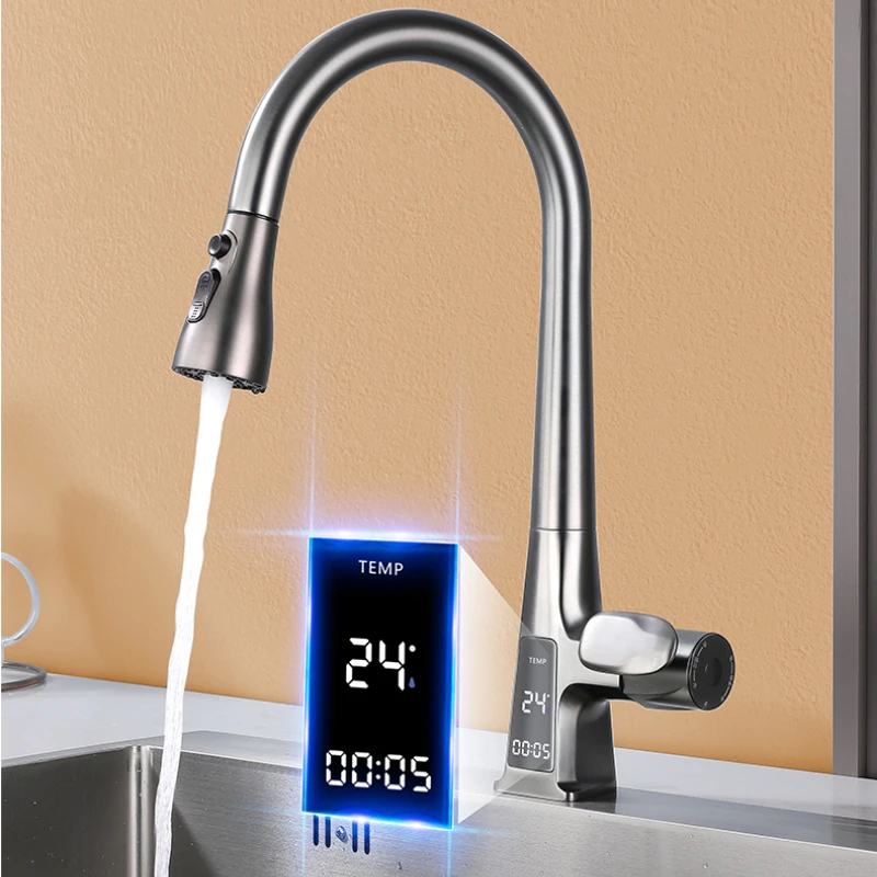 Temperature Display Pull-Out Kitchen Faucet Smart Infrared Sensor Water Mixer Tap Three Modes Spout for Cold and Hot