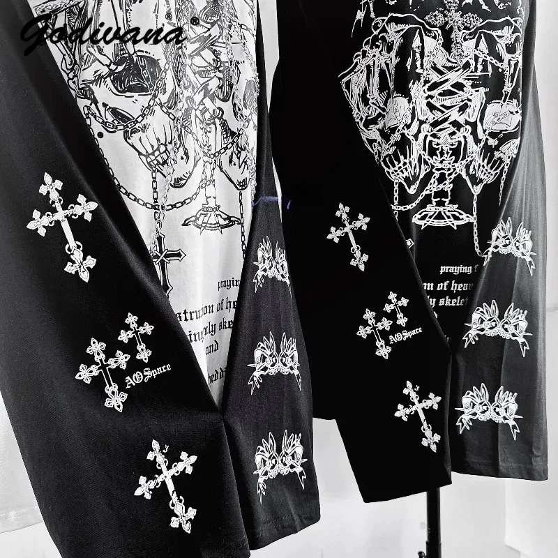 New Spring and Autumn Gothic Punk Subculture Printing Metal Chain Long-sleeve T-shirt Students Female Y2k Tee Tops