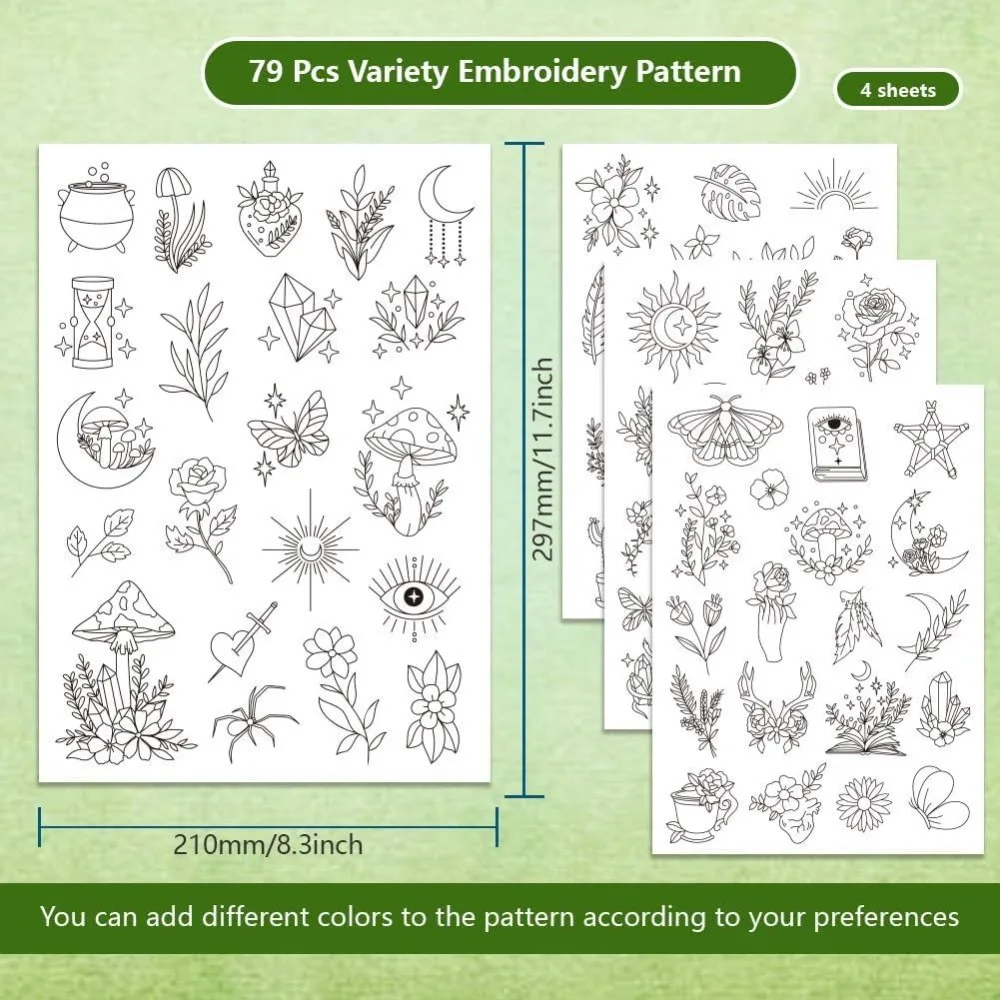 4 Sheets 79PCS Magic Theme Water Soluble Hand Sewing Stabilizers Boho Flower Leaves Tear Away Embroidery Stabilizers