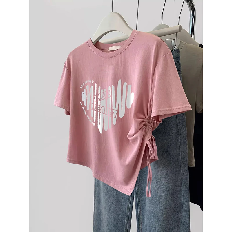 Slim Fit Dopaamine Short Sleeve T-Shirt for Women Shoulder Width Regular Korean Style Print Design Summer Top Casual Wear