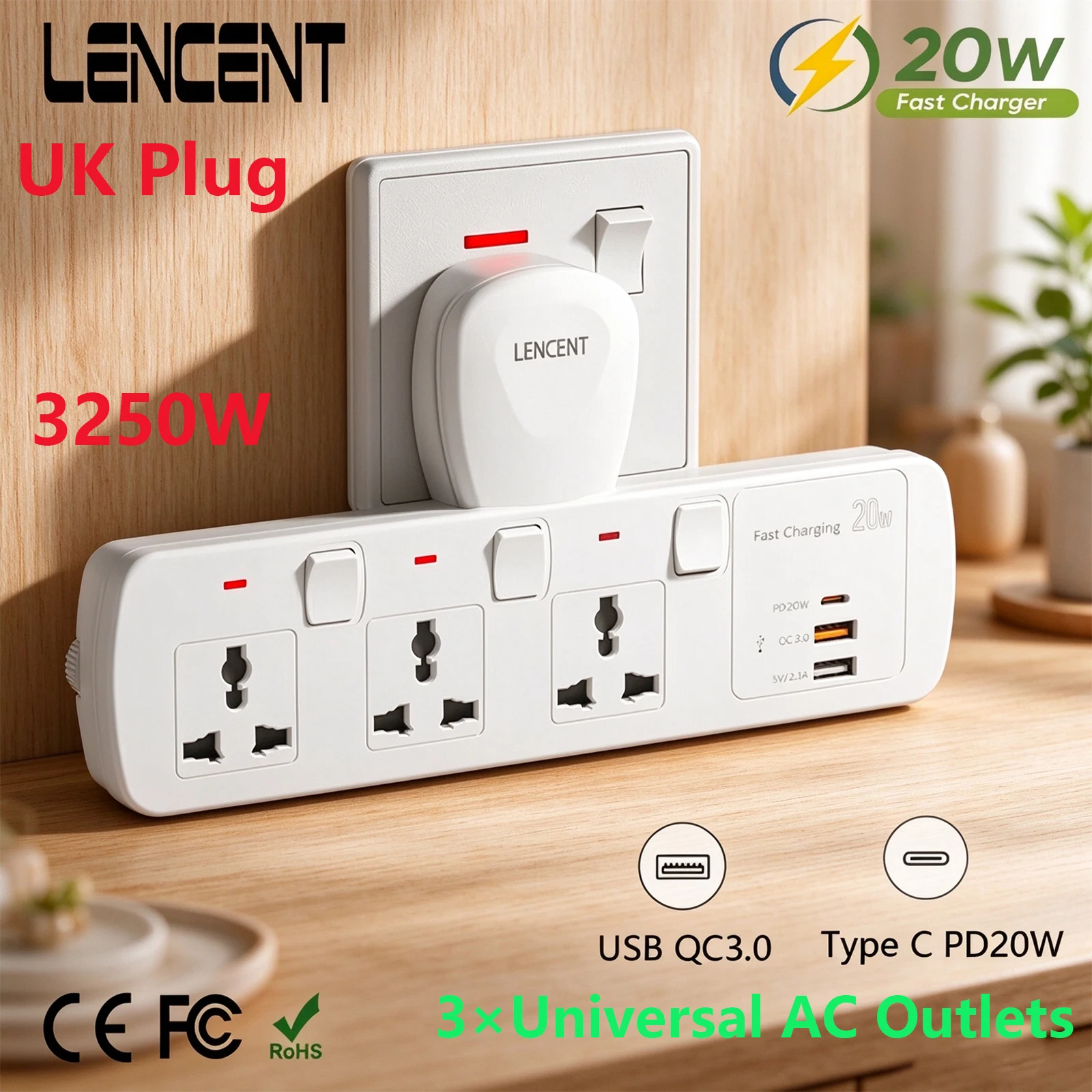 LENCENT UK Plug Extension Socket with 3 Universal AC Outlet QC 3.0 USB Fast Charging PD 20W Type C Plug Adapter with Switch