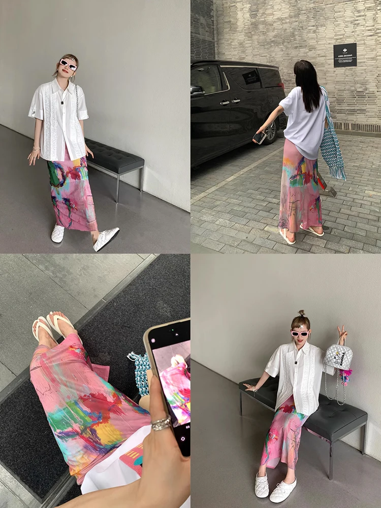 Korobov Mesh Printed Skirt Summer High Waist Design Half Y2k Skirt Long Slit Straight Skirts for Woman Korean Fashion Faldas