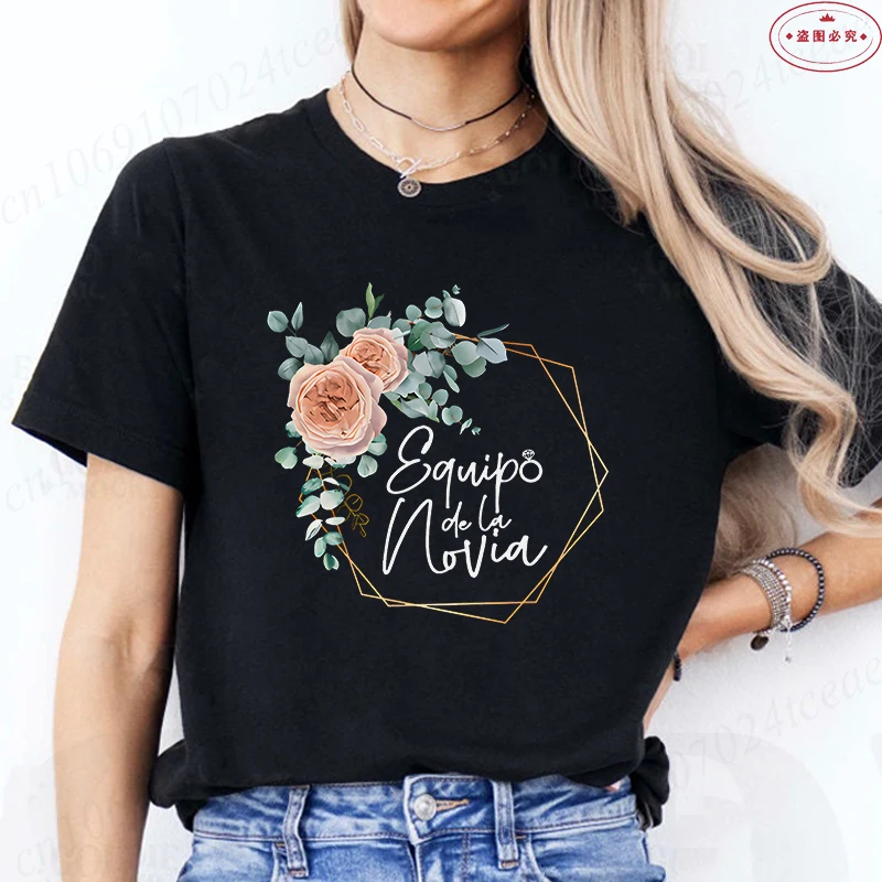 Team Bride Squad Tribe Matching T-Shirts Floral Graphic Tees Spanish Girls Short Sleeve Crew Neck Tops for Single Farewell Party