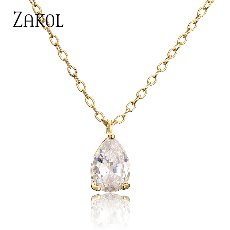 ZAKOL Classic Sparkling Water Drop CZ Pendant Chains Necklaces White Color Cubic Zirconia Wedding Jewelry for Women NP5089