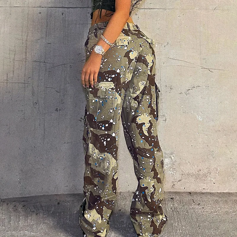 Dames Lange Broek Cargo Broek Camouflage Zak Gesplitste Broek Strakke Hoge Taille Casual Losse Trekkoord Capri 'S Zomer 2024