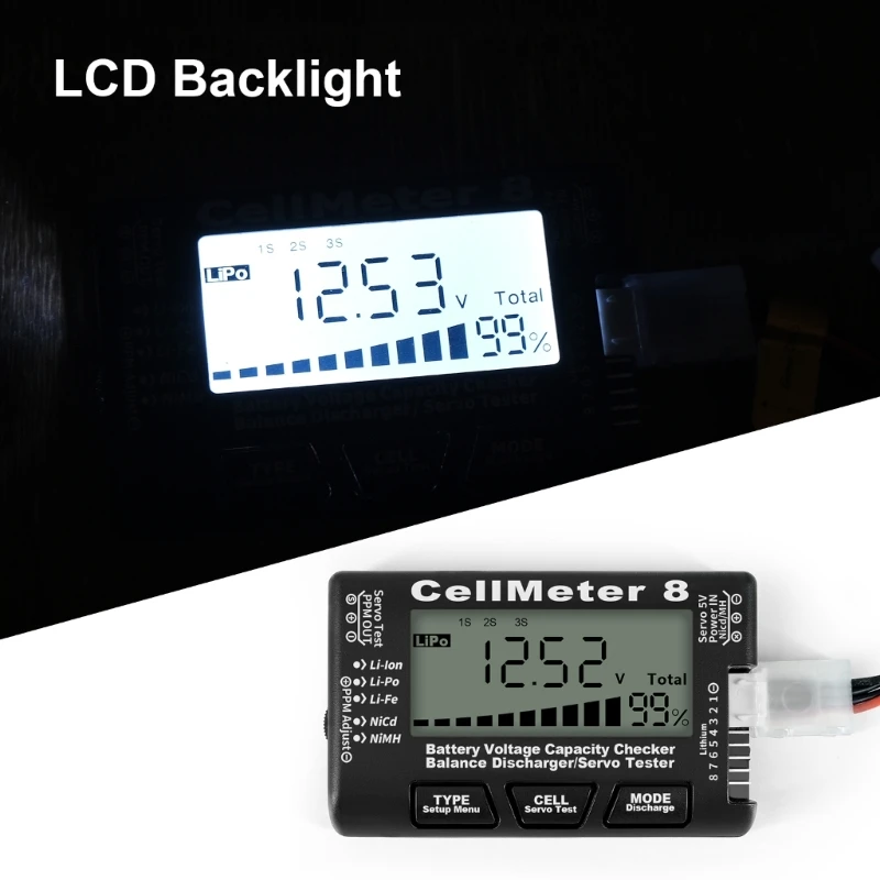 Y1UD CellMeter 8 Tester per batteria con scaricatore Controllo della capacità della batteria digitale LCD