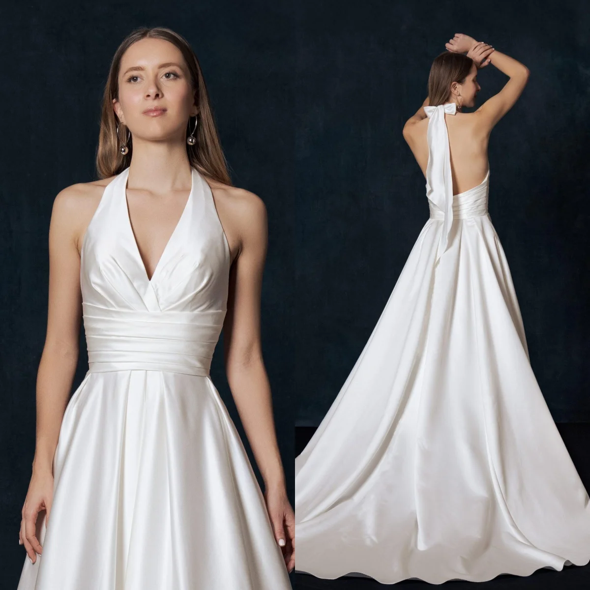 

High Quality Satin Halter Wedding Dresses Customized A-line V-neck Backless Ruffles Party Gown Fashion Floor-Length Brides Dress