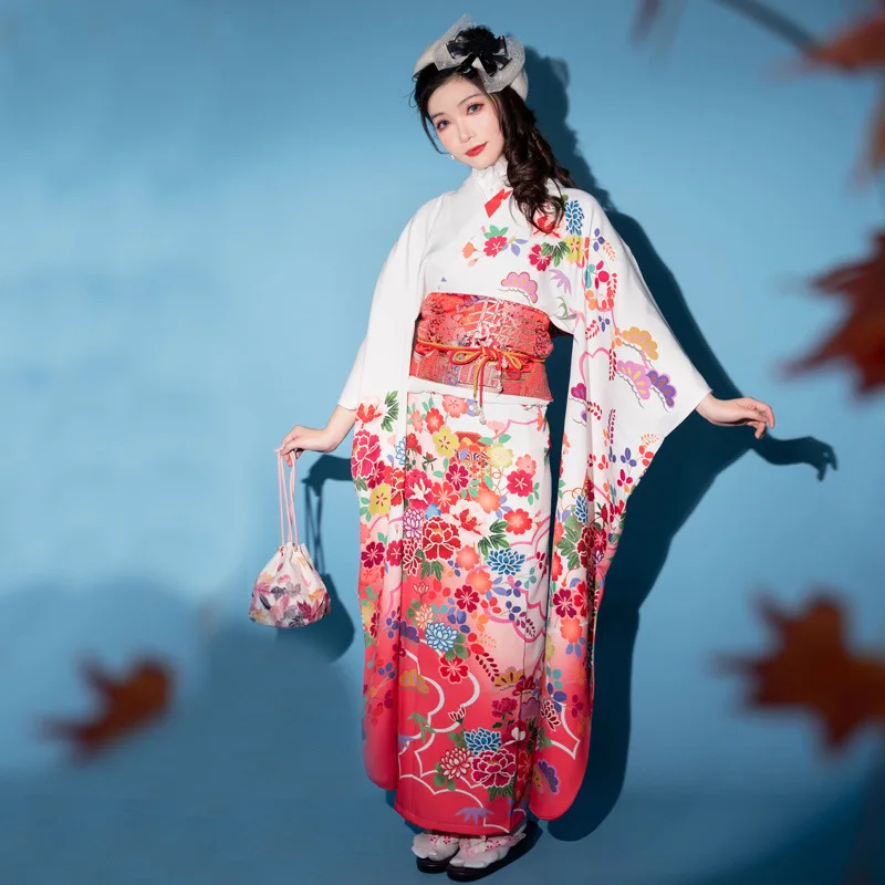 Japanese Traditional Kimono, Formal Suit Flower, Long Sleeve, with Belt Dress 160cm Length, Red and White,Polyester