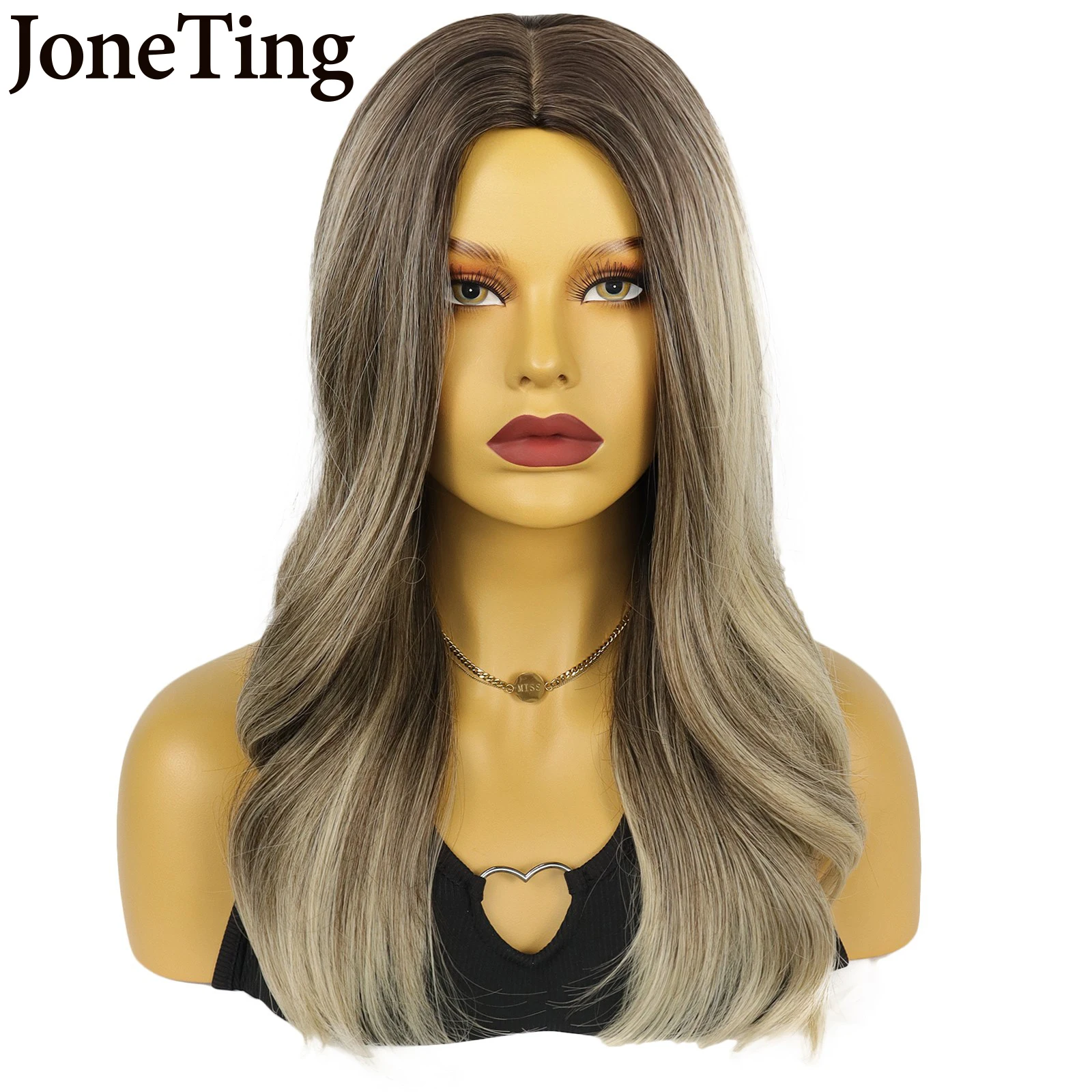 

JT Synthetic 20INCH Blonde Long Natural Wavy Wigs Hightilght Brown Color Fake Hair Heat Resistant FiberCosplay Wig for Women