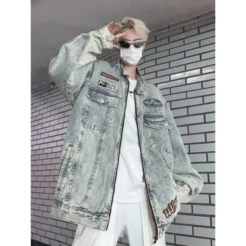 رجل إمرأة الدنيم سترة معطف 2025 الخريف للجنسين شارع العليا الوقوف طوق مبطن الكتف تصميم فضفاض عادية مطرزة غسلها