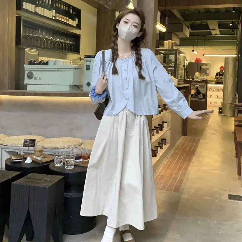 Korean Version Gentle Loose Long Sleeved Shirt+high Waist Mid Length A-line Skirt Spring Autumn Casual Two-piece Set for Women