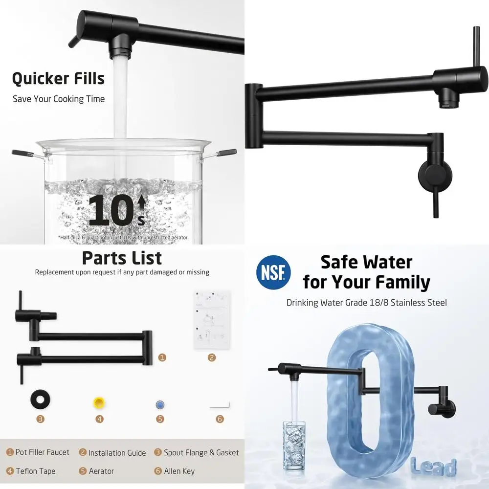 

Heat-Resistant Cartridge Pot Filler Faucet, 25.6 Swing Arm, Wall Mount Kitchen Tap, Black, Stainless Steel, Lead-Free KN926S24LF