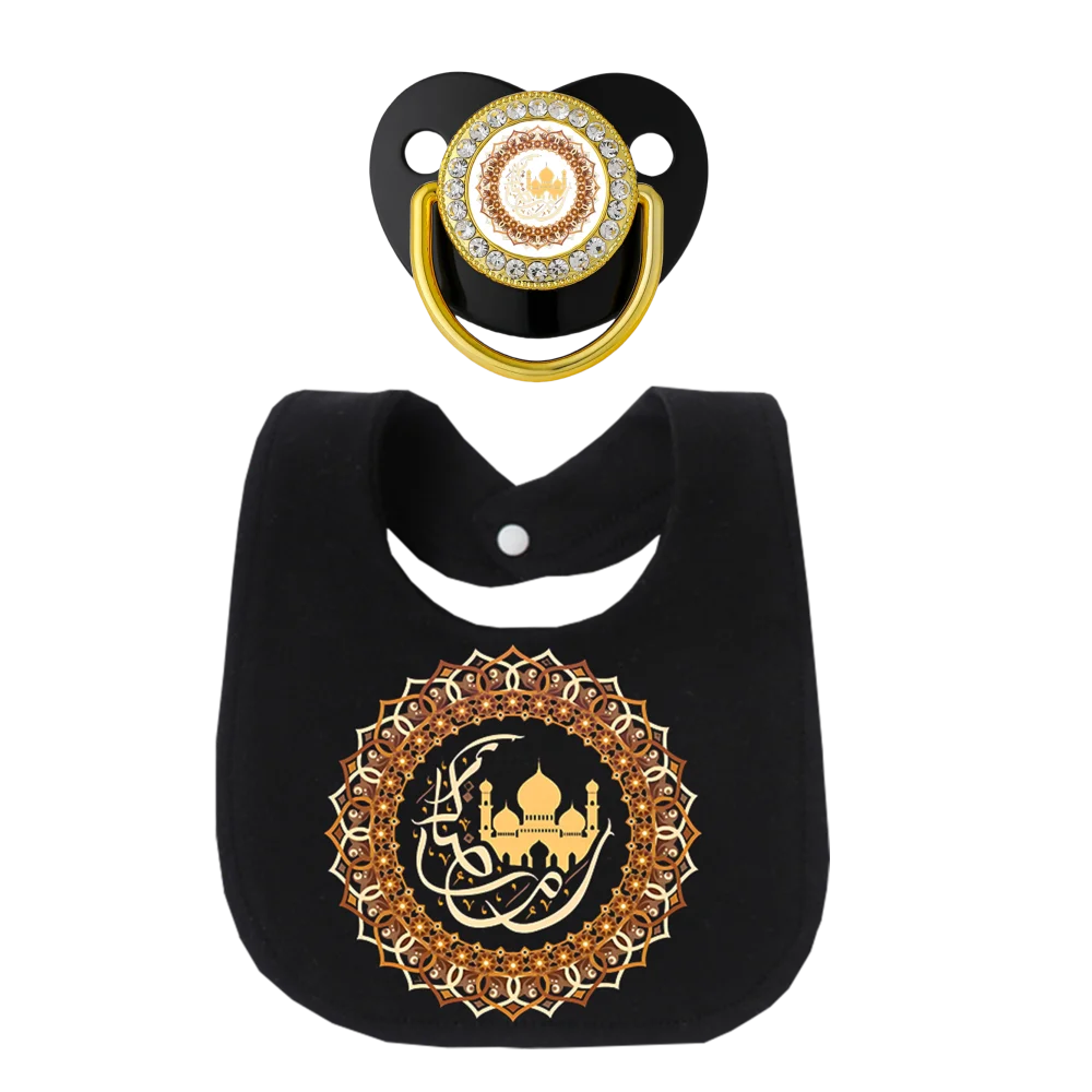 Islamic Newborn Pacifier with Toddler Bandana Bib 2Pcs Set Muslim Print Arabic Pattern Soft Soother Dummy BPA Free Silicone