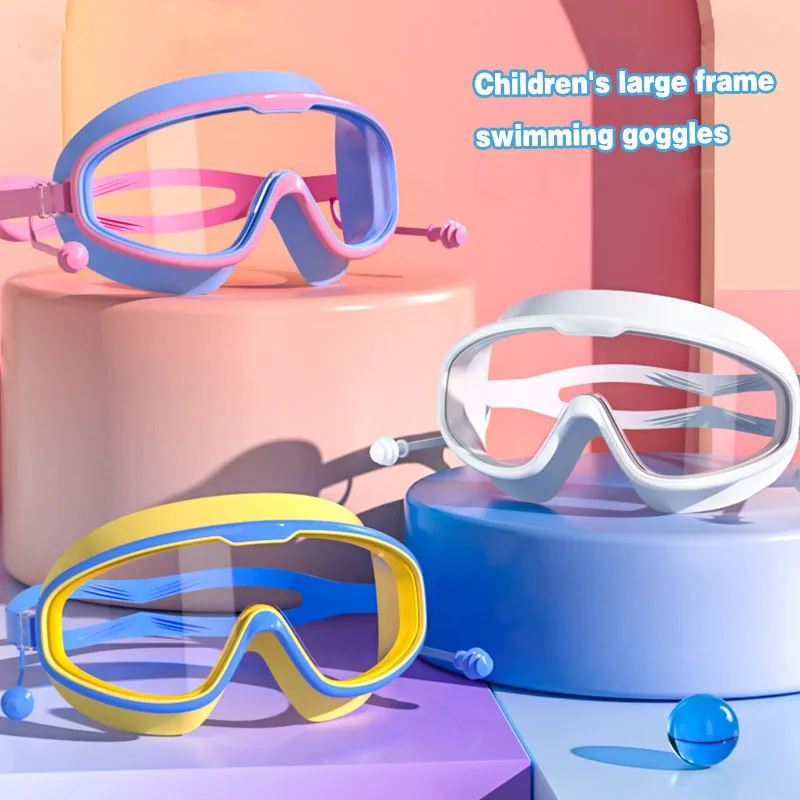 Large Frame Swimming Goggles Waterproof Anti-fog HD Swimming Goggles with Earplugs Boys Girls Pool Beach Eyewear for Adult Kids