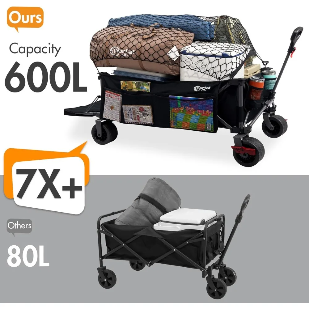 Extra Wide Long Foldable Wagon with Tailgate, Large 600L Collapsible Wagon with Cargo Net